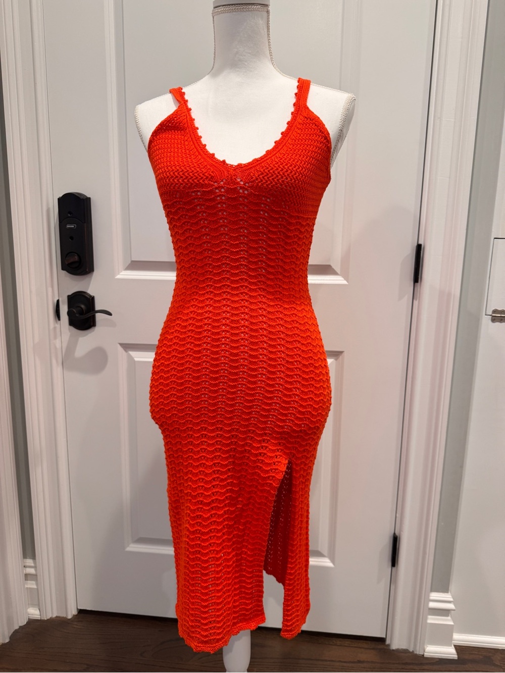 Aritzia Bright Orange Sleeveless Knit Midi Dress with Side Slit